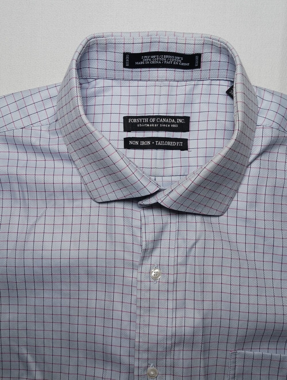 Forsyth Of Canada 2 Ply 100s Dress Shirt XXL 17.5-34/35 Blue Check Tailored Fit